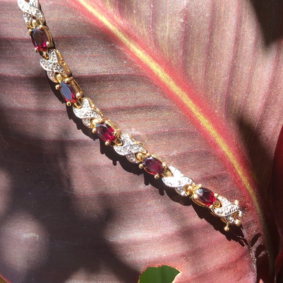925 Sterling Silver Jewelry - Sterling Natural Garnet Diamond Cut Crossover Vermeil Gold Tennis Bracelet